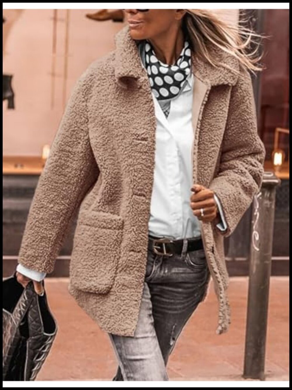 Faux Fur Sherpa Fleece Coat Button Down Winter Overcoat - Picture 5 of 6